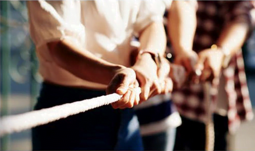 team of people tugging on rope